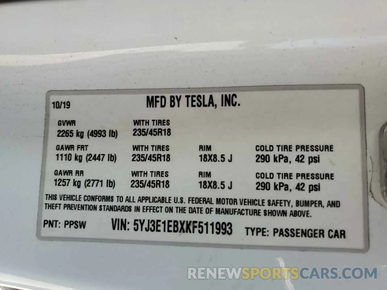 10 Photograph of a damaged car 5YJ3E1EBXKF511993 TESLA MODEL 3 2019