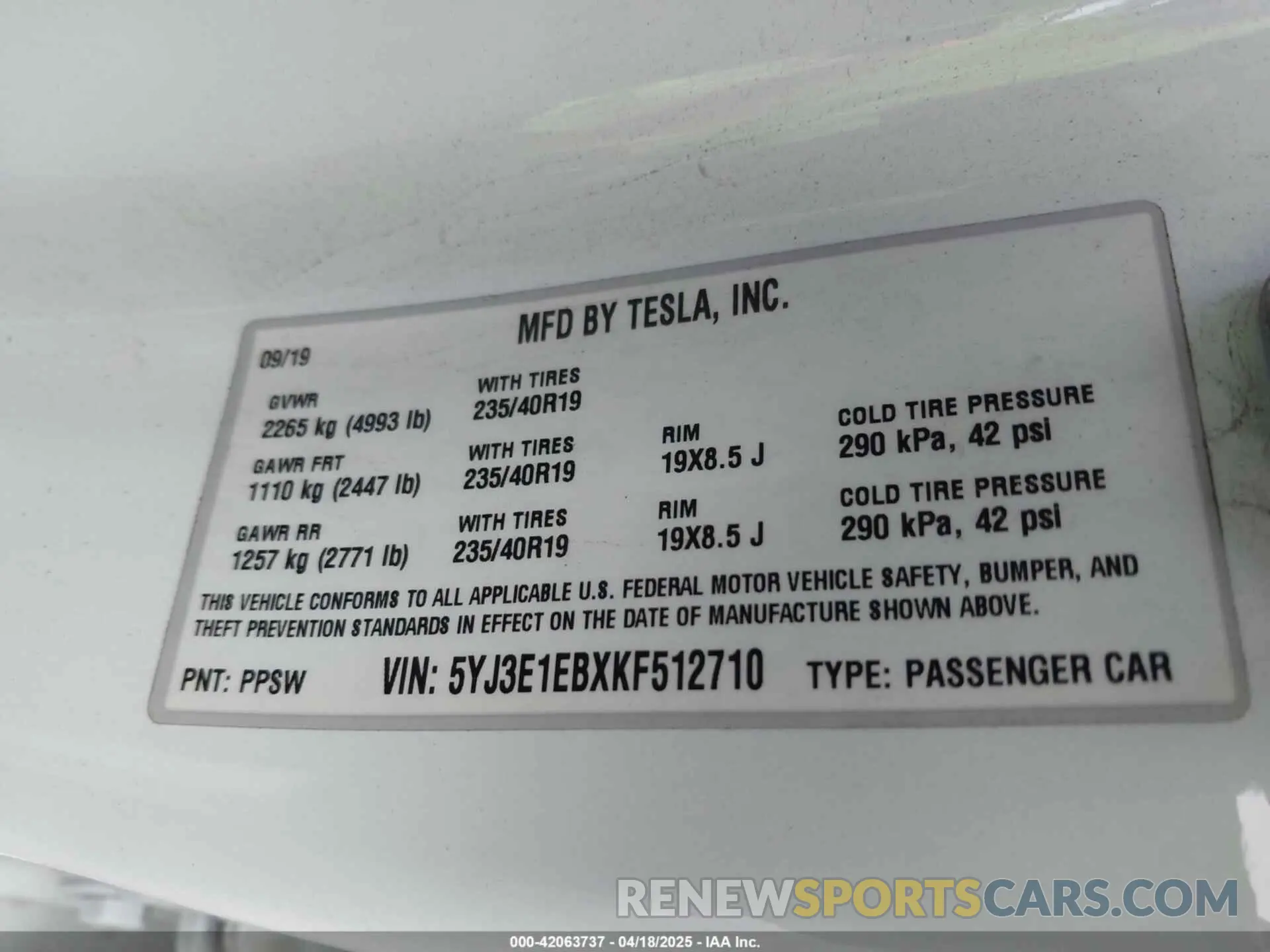 9 Фотография поврежденного автомобиля 5YJ3E1EBXKF512710 TESLA MODEL 3 2019