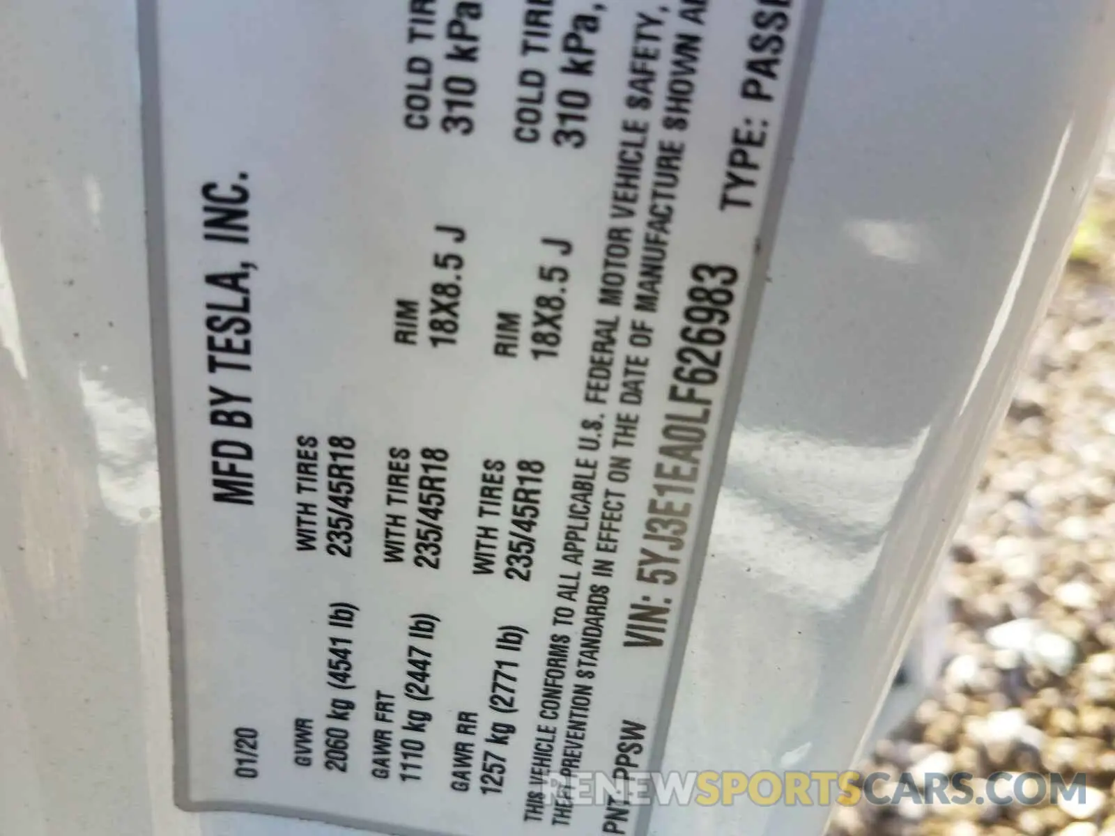10 Photograph of a damaged car 5YJ3E1EA0LF626983 TESLA MODEL 3 2020
