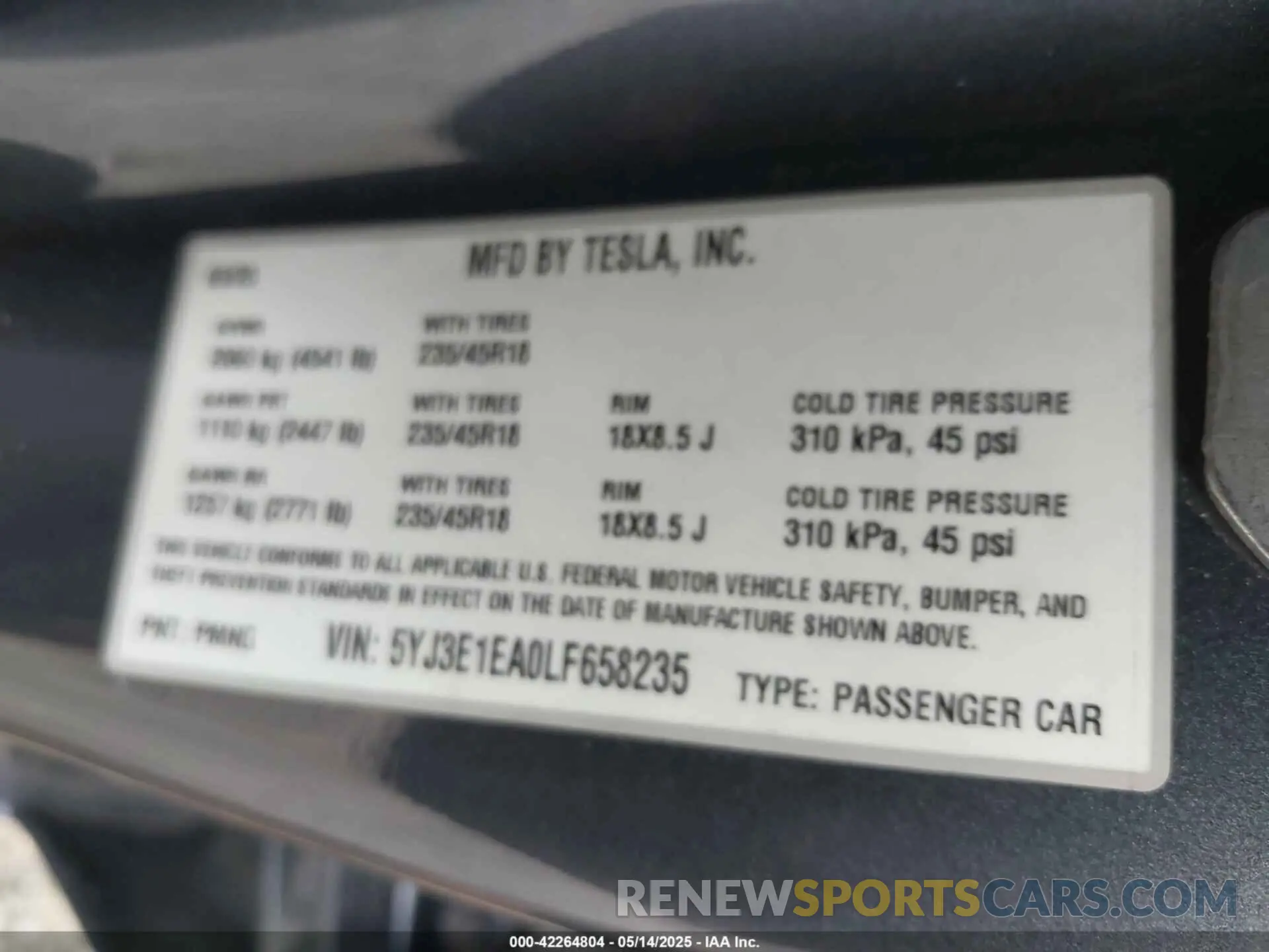 8 Фотография поврежденного автомобиля 5YJ3E1EA0LF658235 TESLA MODEL 3 2020