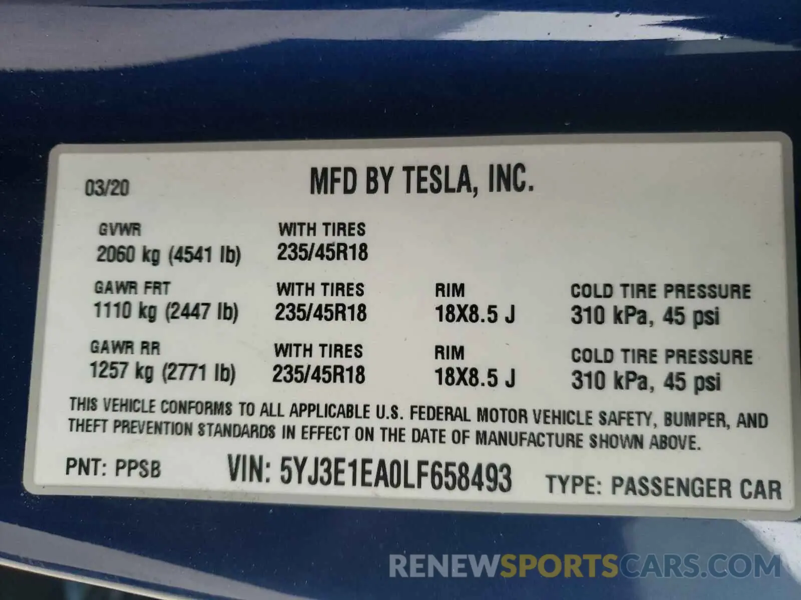 10 Photograph of a damaged car 5YJ3E1EA0LF658493 TESLA MODEL 3 2020