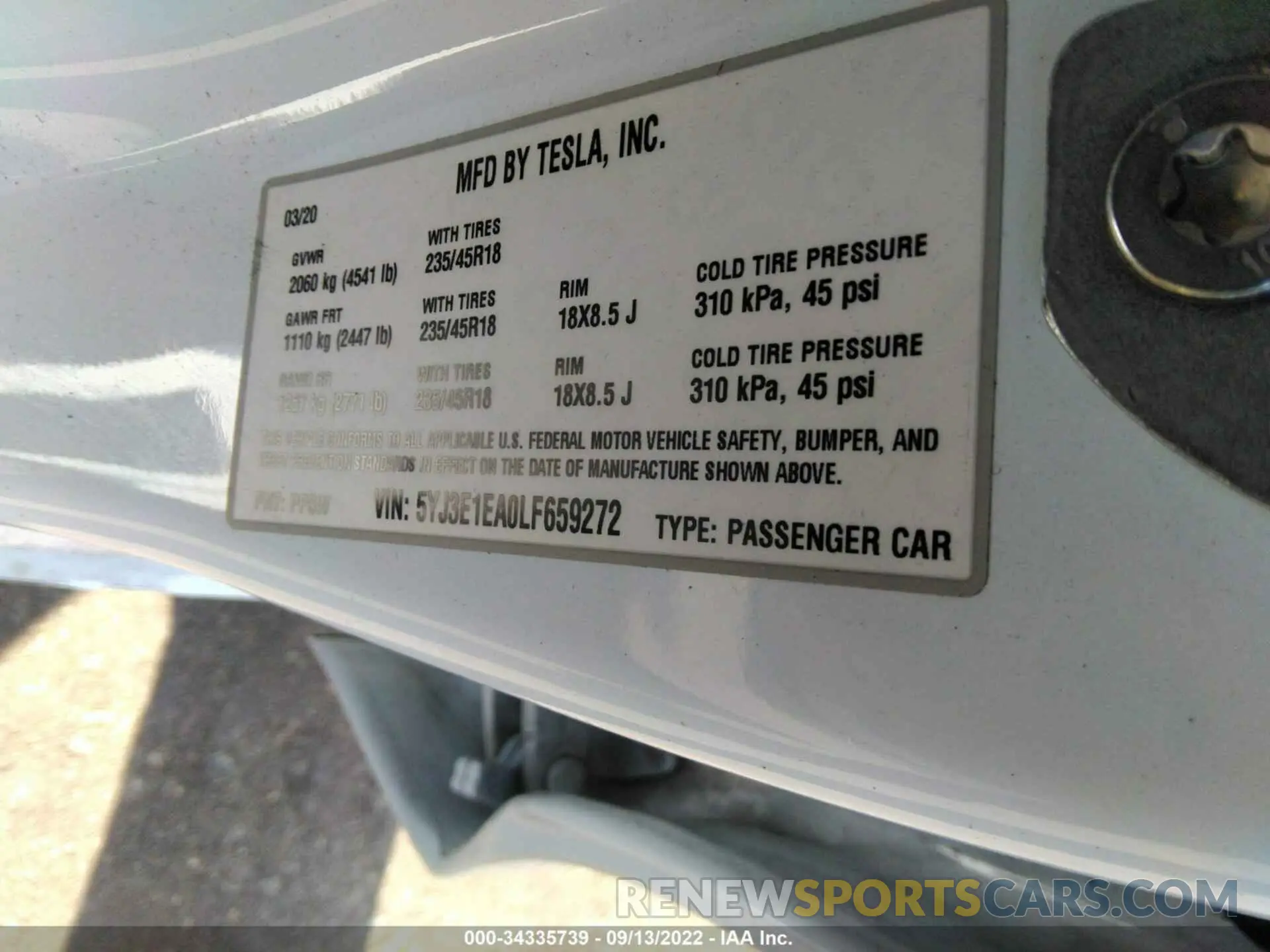 9 Photograph of a damaged car 5YJ3E1EA0LF659272 TESLA MODEL 3 2020