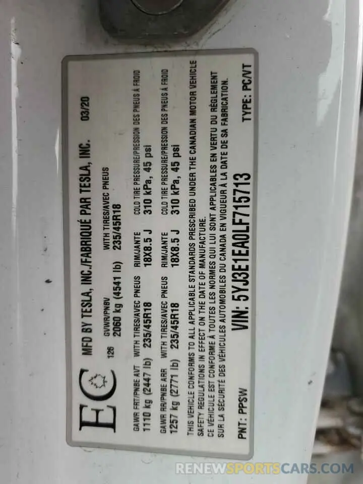 12 Фотография поврежденного автомобиля 5YJ3E1EA0LF715713 TESLA MODEL 3 2020