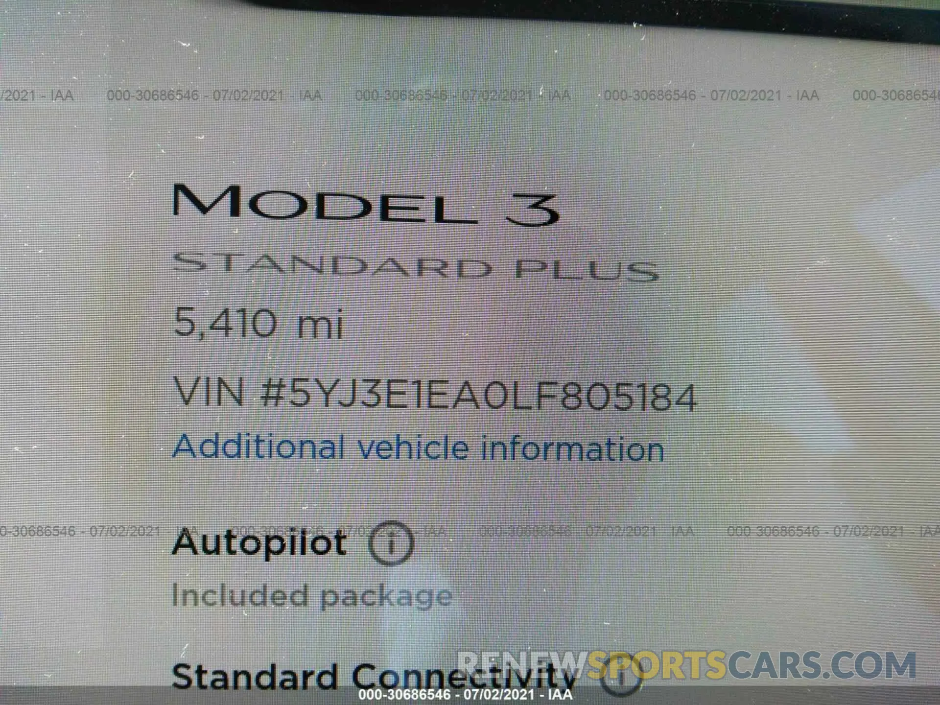 7 Photograph of a damaged car 5YJ3E1EA0LF805184 TESLA MODEL 3 2020