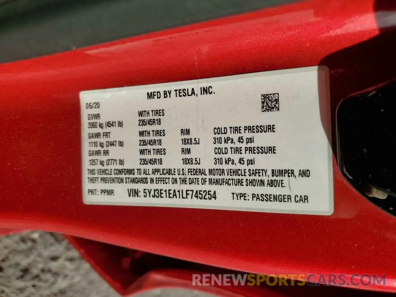 12 Фотография поврежденного автомобиля 5YJ3E1EA1LF745254 TESLA MODEL 3 2020