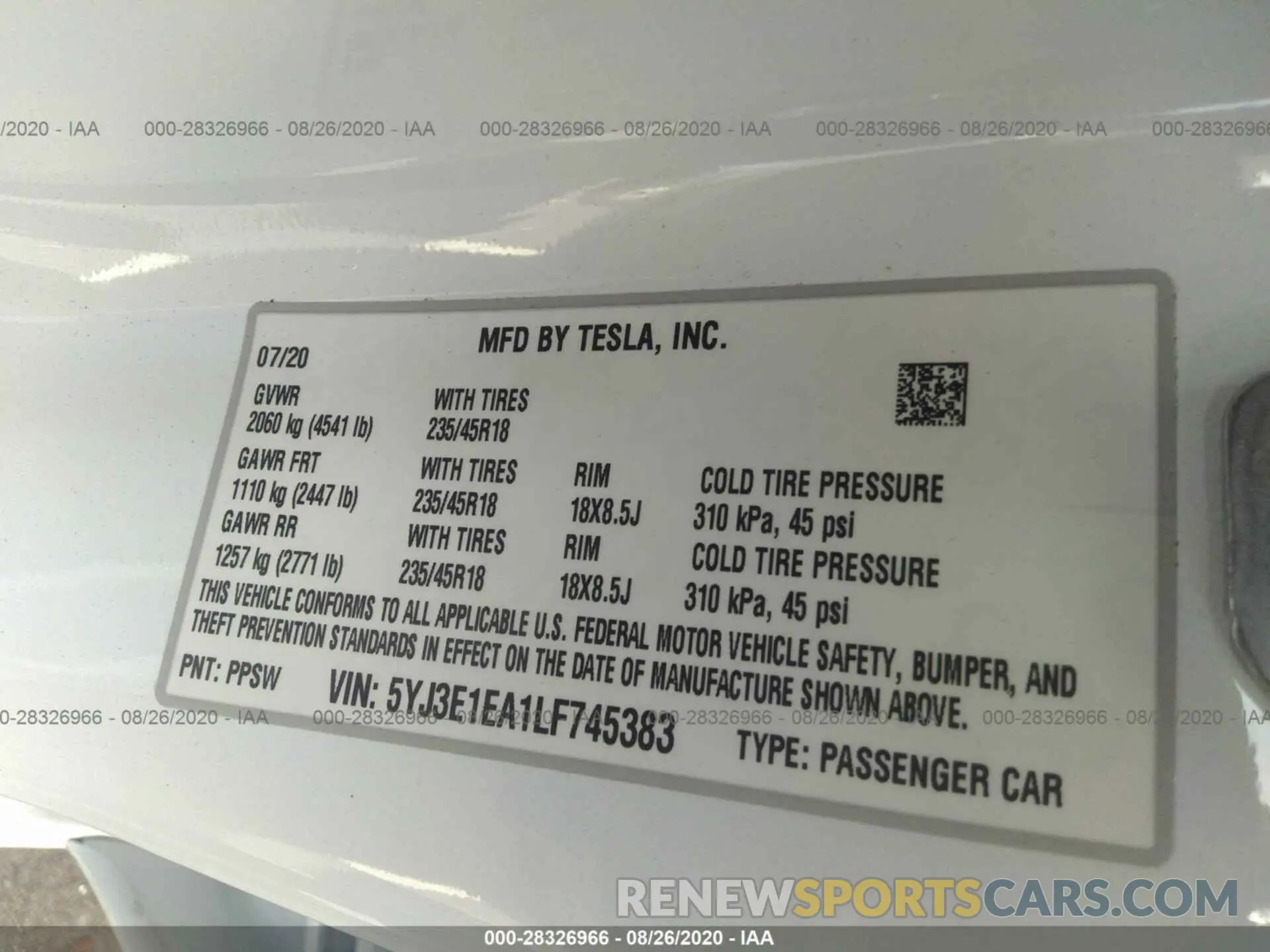 9 Photograph of a damaged car 5YJ3E1EA1LF745383 TESLA MODEL 3 2020