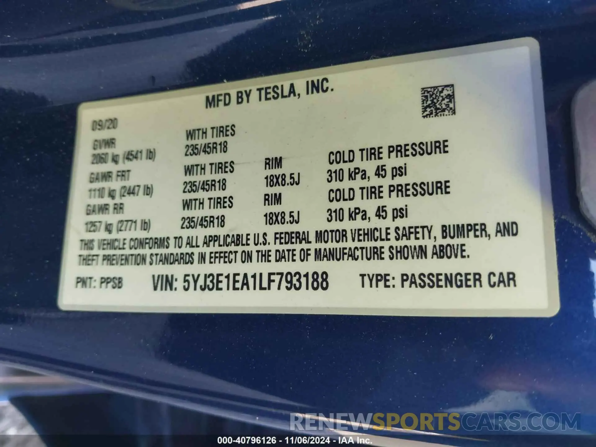 9 Photograph of a damaged car 5YJ3E1EA1LF793188 TESLA MODEL 3 2020