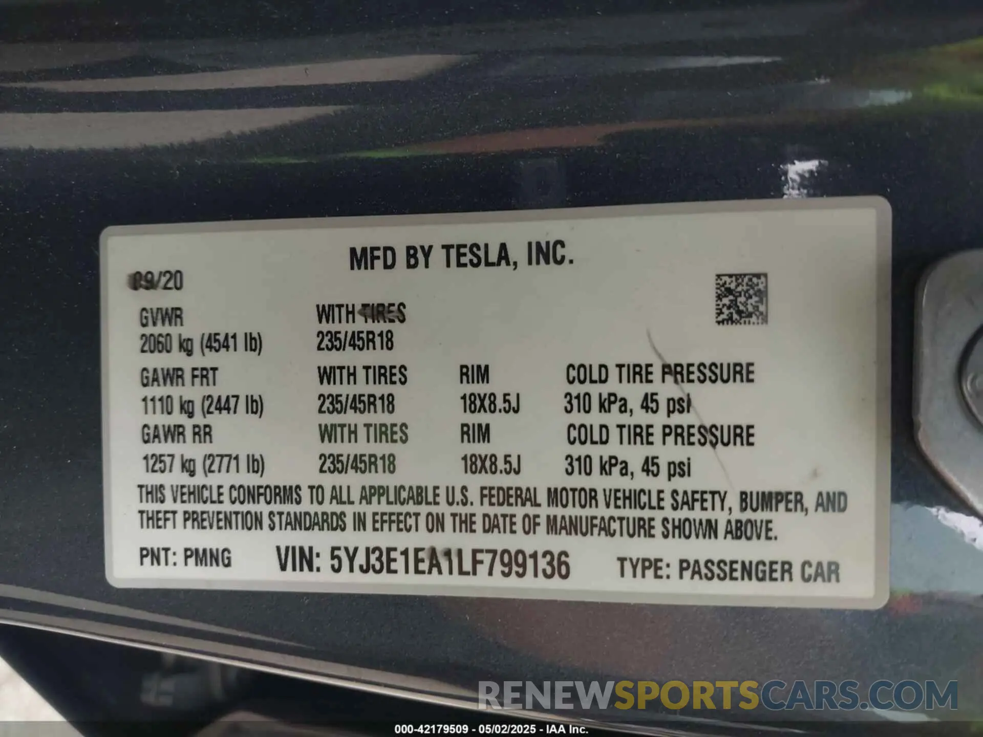 9 Фотография поврежденного автомобиля 5YJ3E1EA1LF799136 TESLA MODEL 3 2020