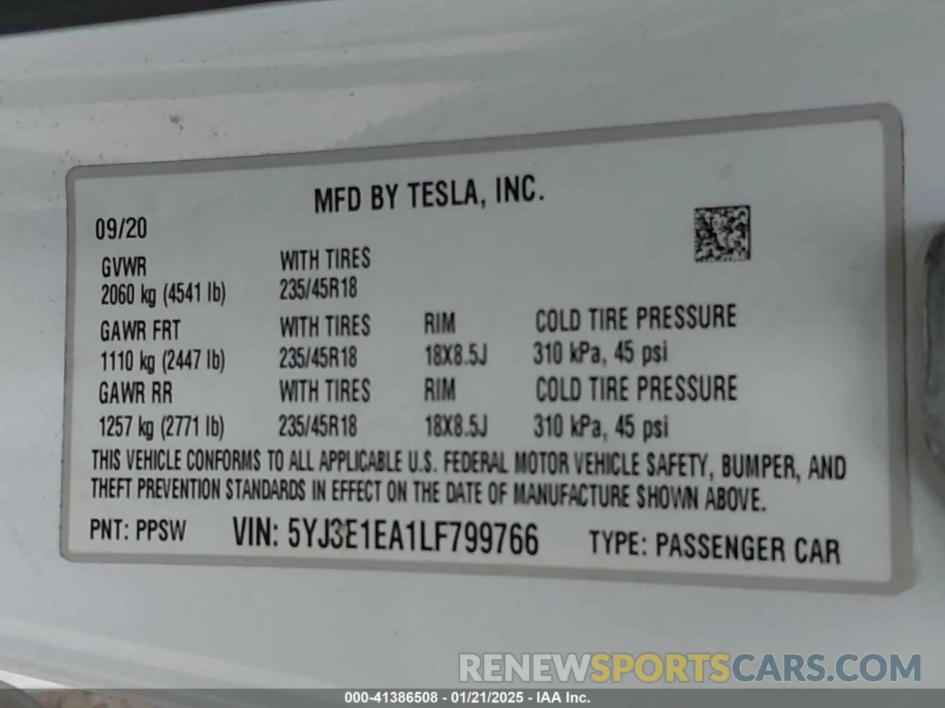 9 Фотография поврежденного автомобиля 5YJ3E1EA1LF799766 TESLA MODEL 3 2020