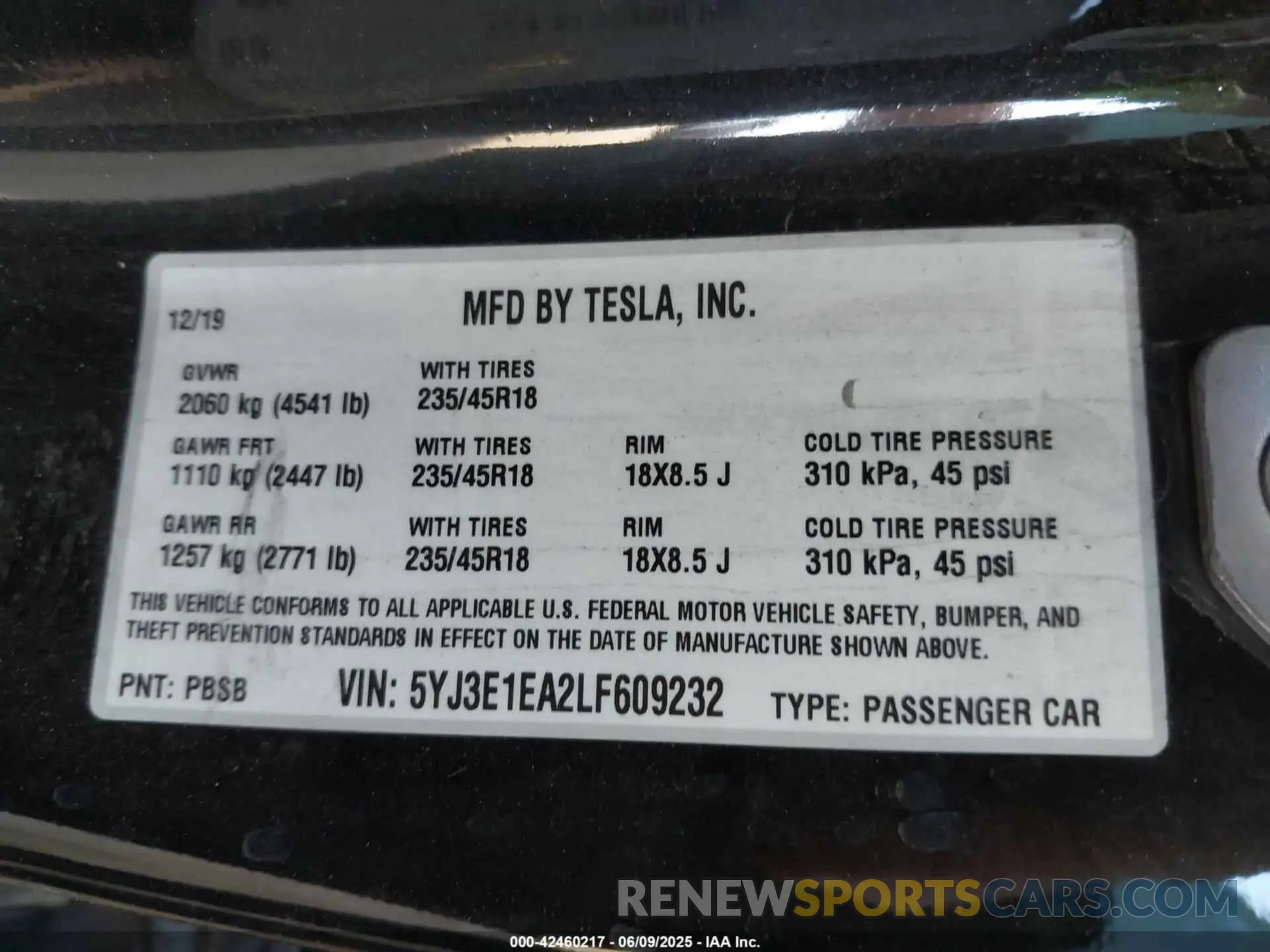 9 Фотография поврежденного автомобиля 5YJ3E1EA2LF609232 TESLA MODEL 3 2020