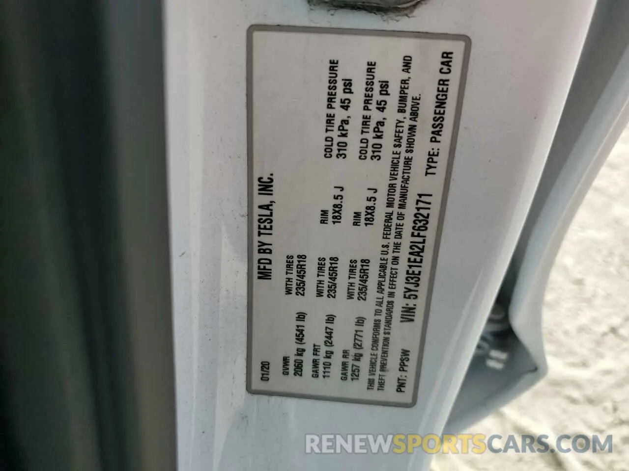 12 Фотография поврежденного автомобиля 5YJ3E1EA2LF632171 TESLA MODEL 3 2020