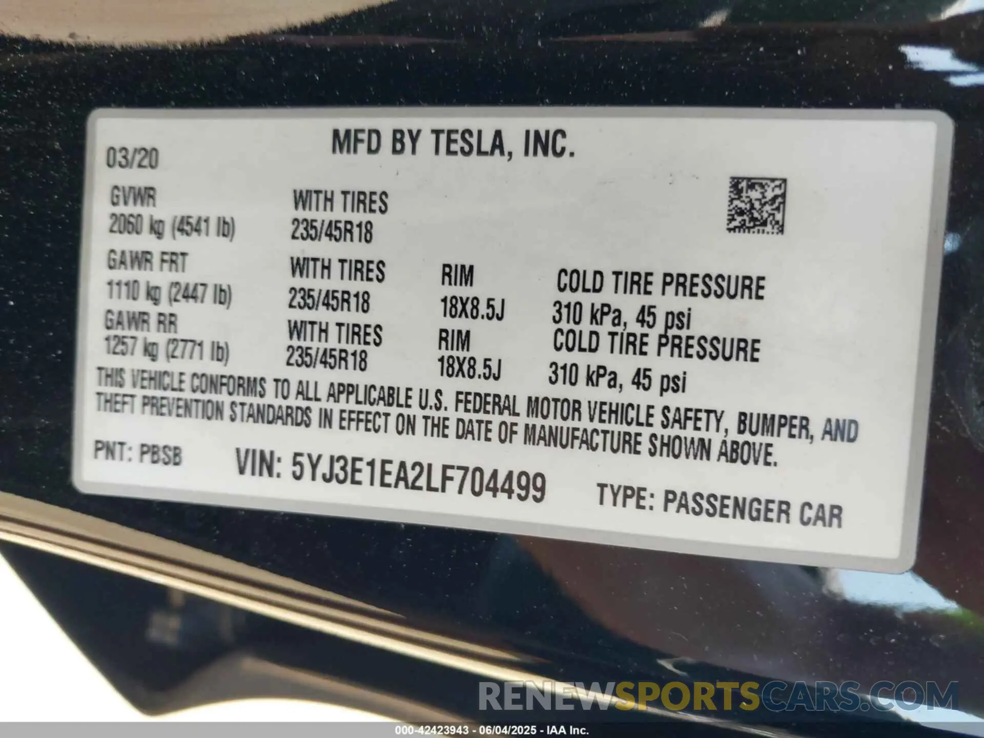 9 Photograph of a damaged car 5YJ3E1EA2LF704499 TESLA MODEL 3 2020