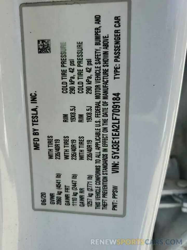 12 Фотография поврежденного автомобиля 5YJ3E1EA2LF709184 TESLA MODEL 3 2020