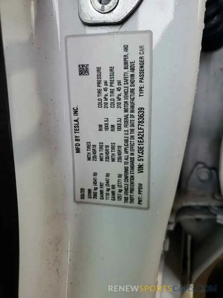 13 Photograph of a damaged car 5YJ3E1EA2LF783639 TESLA MODEL 3 2020