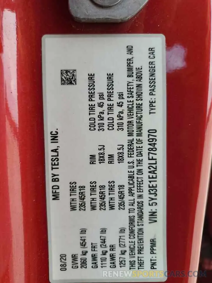 12 Photograph of a damaged car 5YJ3E1EA2LF784970 TESLA MODEL 3 2020