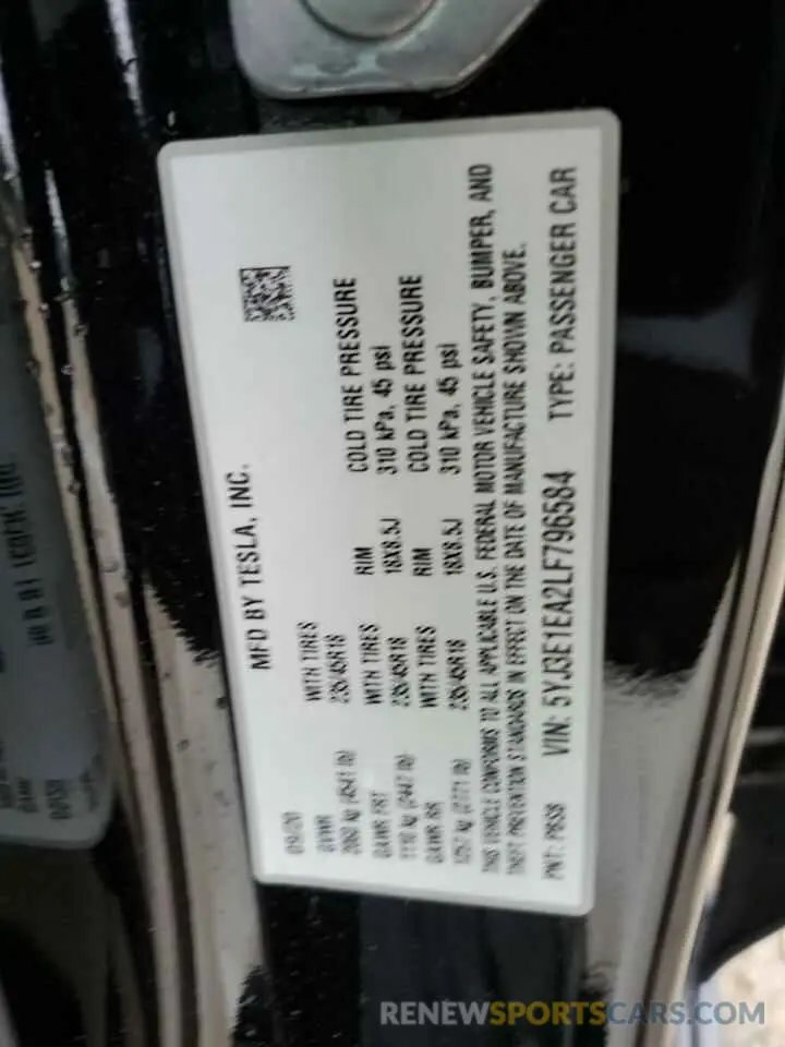 15 Photograph of a damaged car 5YJ3E1EA2LF796584 TESLA MODEL 3 2020