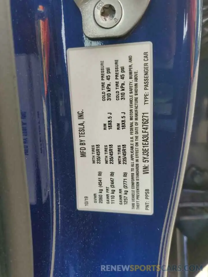 12 Фотография поврежденного автомобиля 5YJ3E1EA3LF476271 TESLA MODEL 3 2020