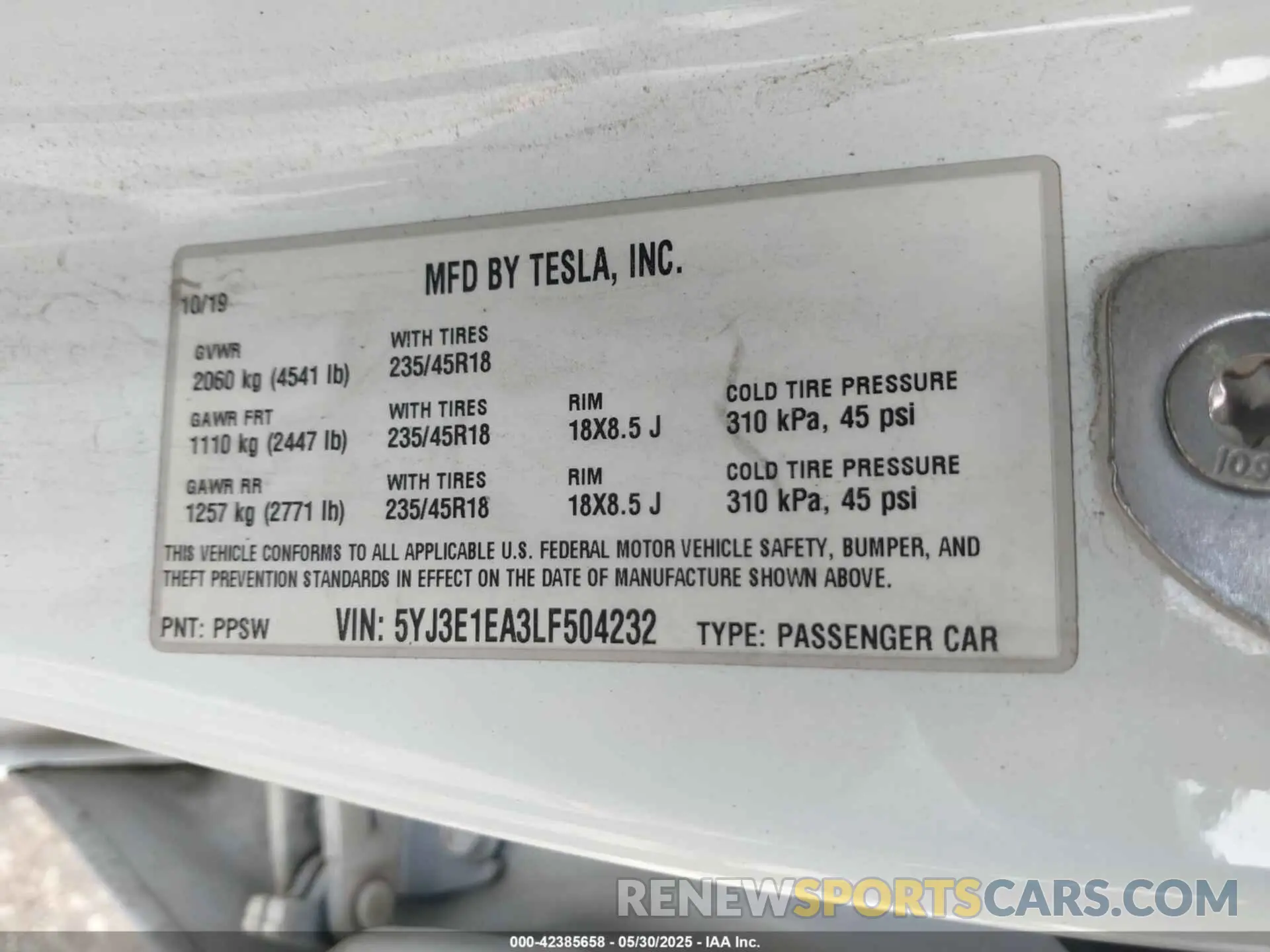 9 Фотография поврежденного автомобиля 5YJ3E1EA3LF504232 TESLA MODEL 3 2020