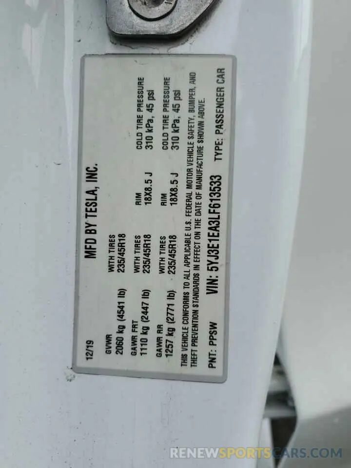 12 Photograph of a damaged car 5YJ3E1EA3LF613533 TESLA MODEL 3 2020