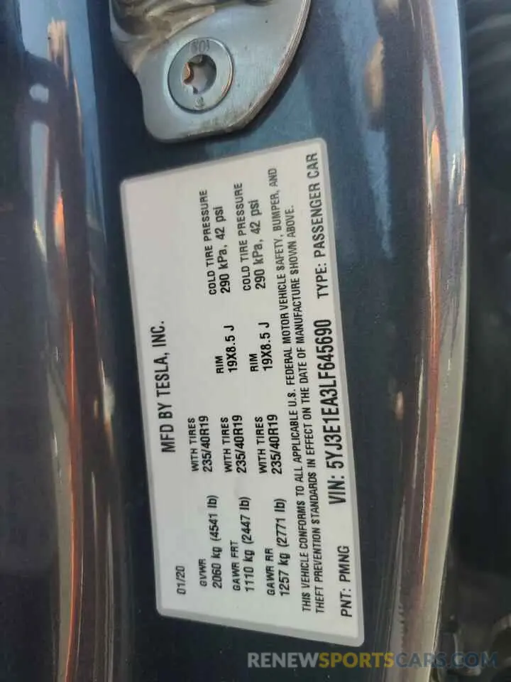 12 Photograph of a damaged car 5YJ3E1EA3LF645690 TESLA MODEL 3 2020