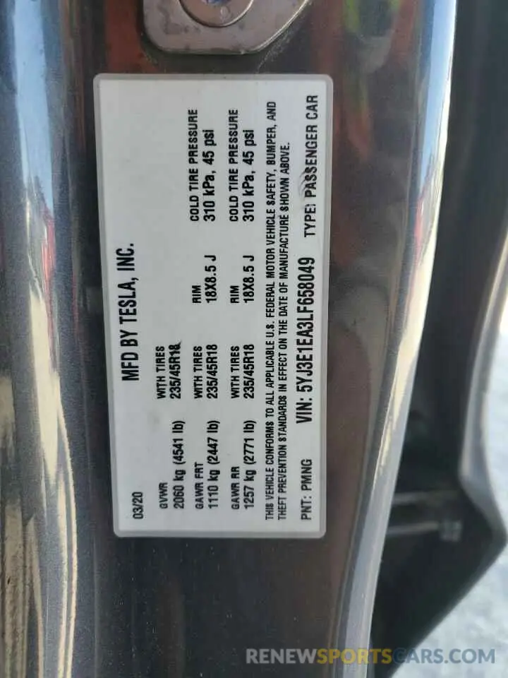 13 Photograph of a damaged car 5YJ3E1EA3LF658049 TESLA MODEL 3 2020