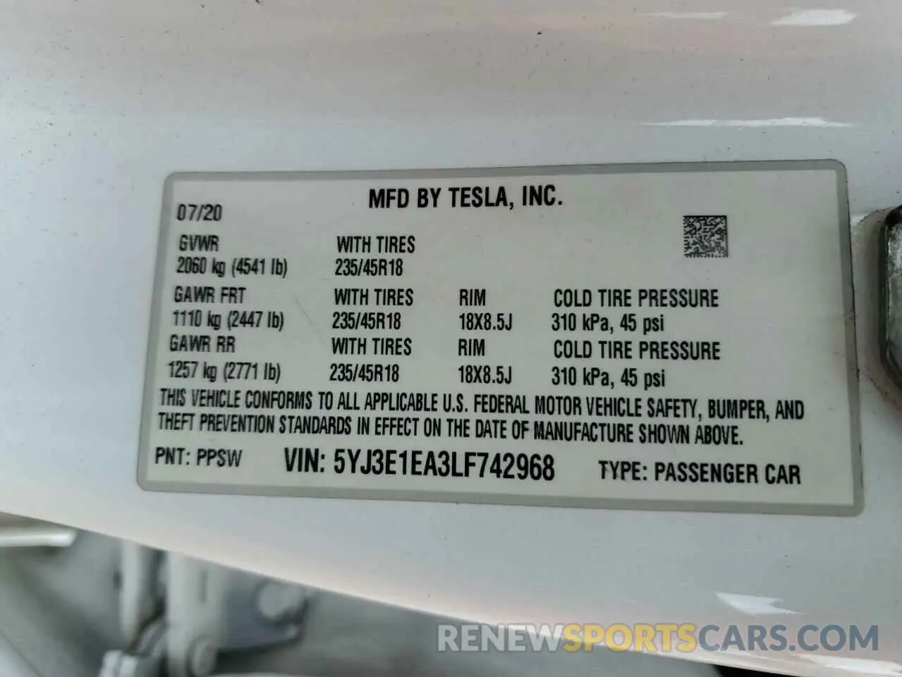 12 Photograph of a damaged car 5YJ3E1EA3LF742968 TESLA MODEL 3 2020