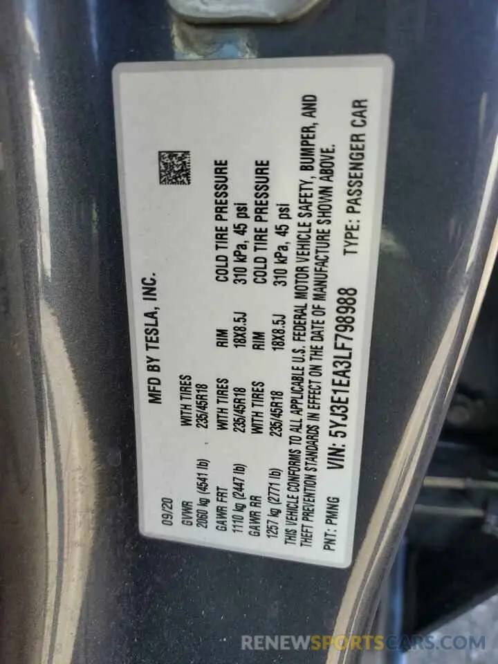 12 Фотография поврежденного автомобиля 5YJ3E1EA3LF798988 TESLA MODEL 3 2020