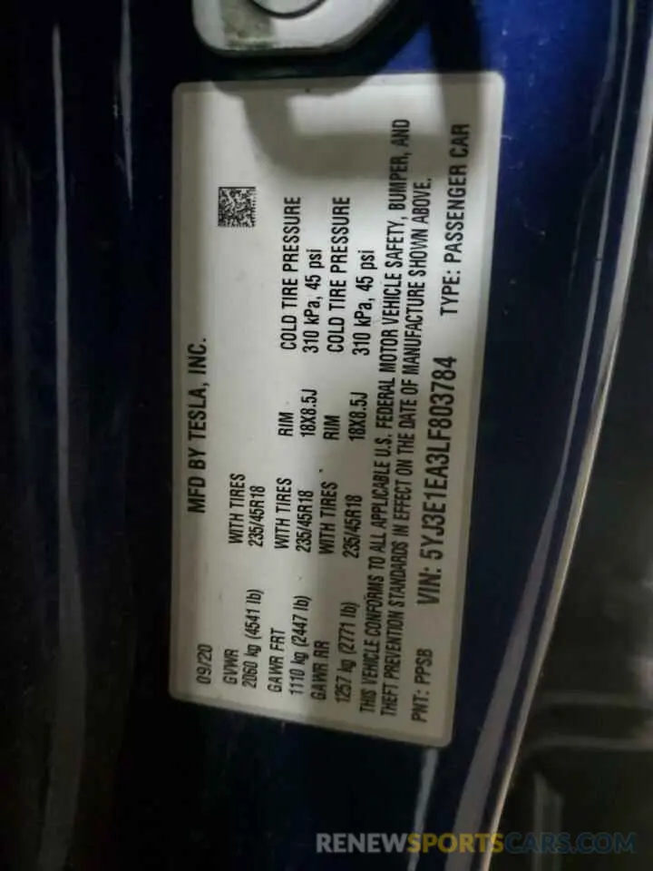 15 Photograph of a damaged car 5YJ3E1EA3LF803784 TESLA MODEL 3 2020