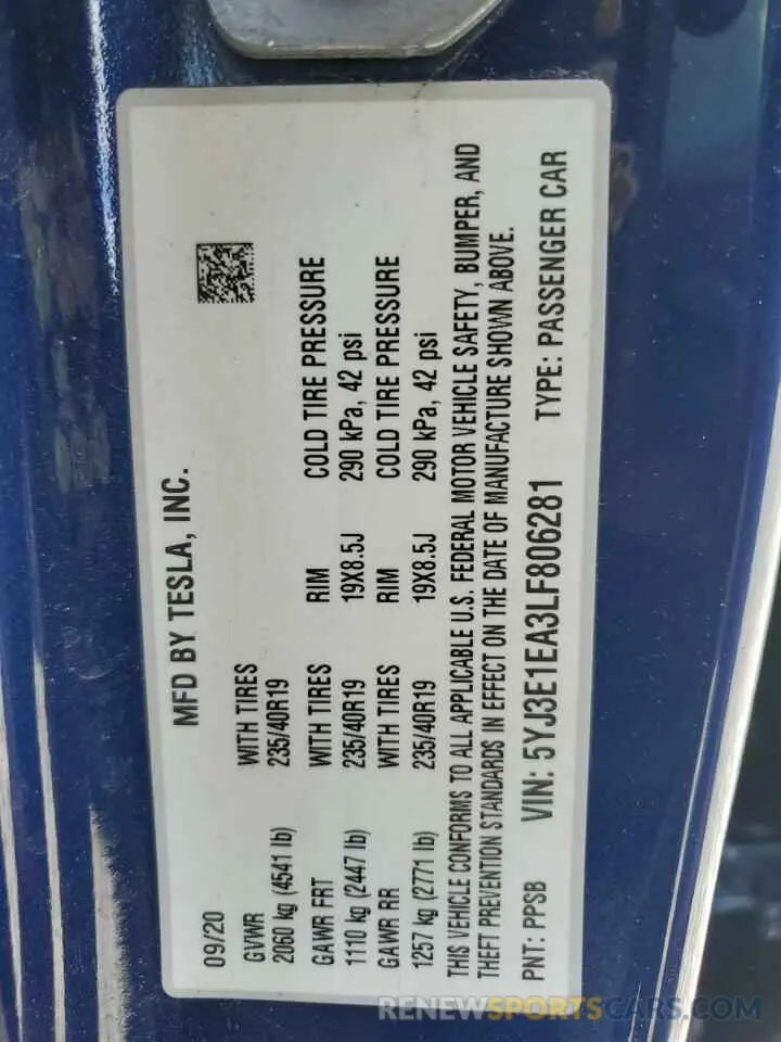 14 Photograph of a damaged car 5YJ3E1EA3LF806281 TESLA MODEL 3 2020