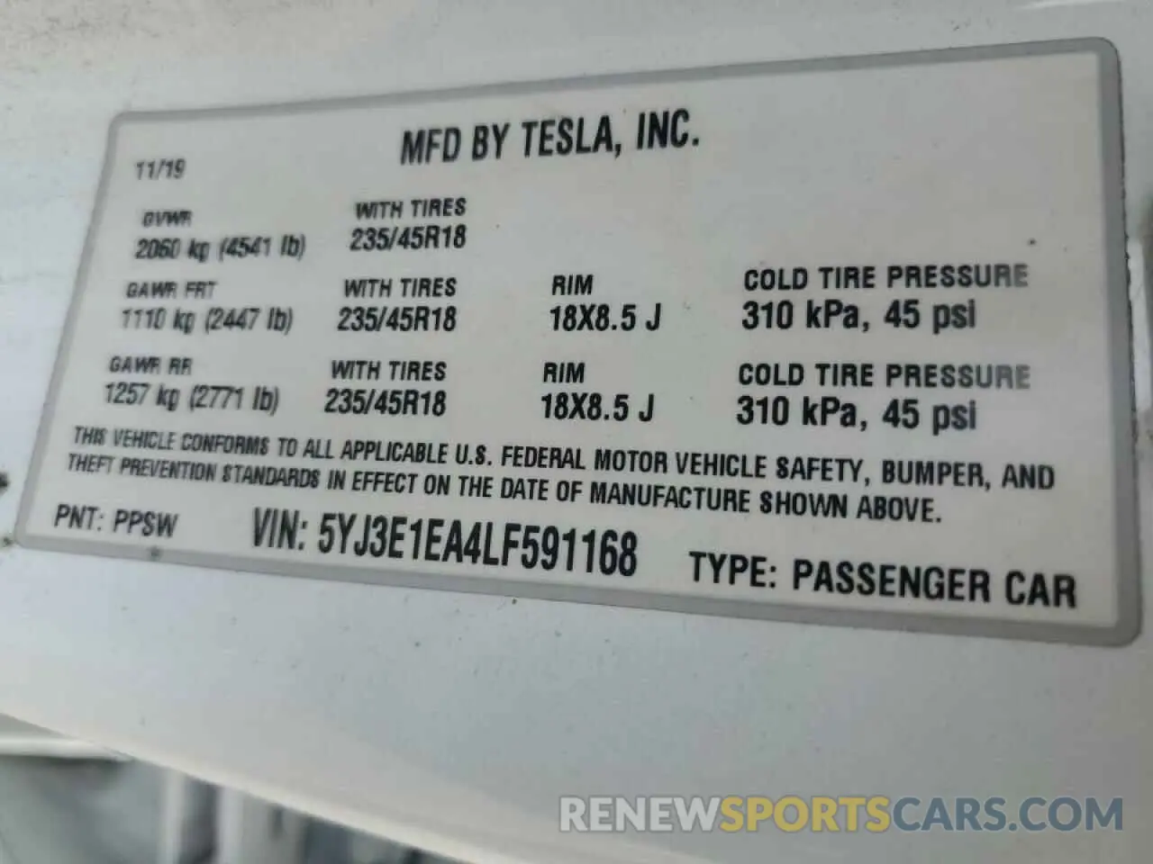 13 Photograph of a damaged car 5YJ3E1EA4LF591168 TESLA MODEL 3 2020