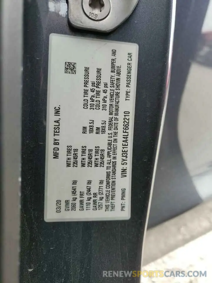 12 Photograph of a damaged car 5YJ3E1EA4LF662210 TESLA MODEL 3 2020