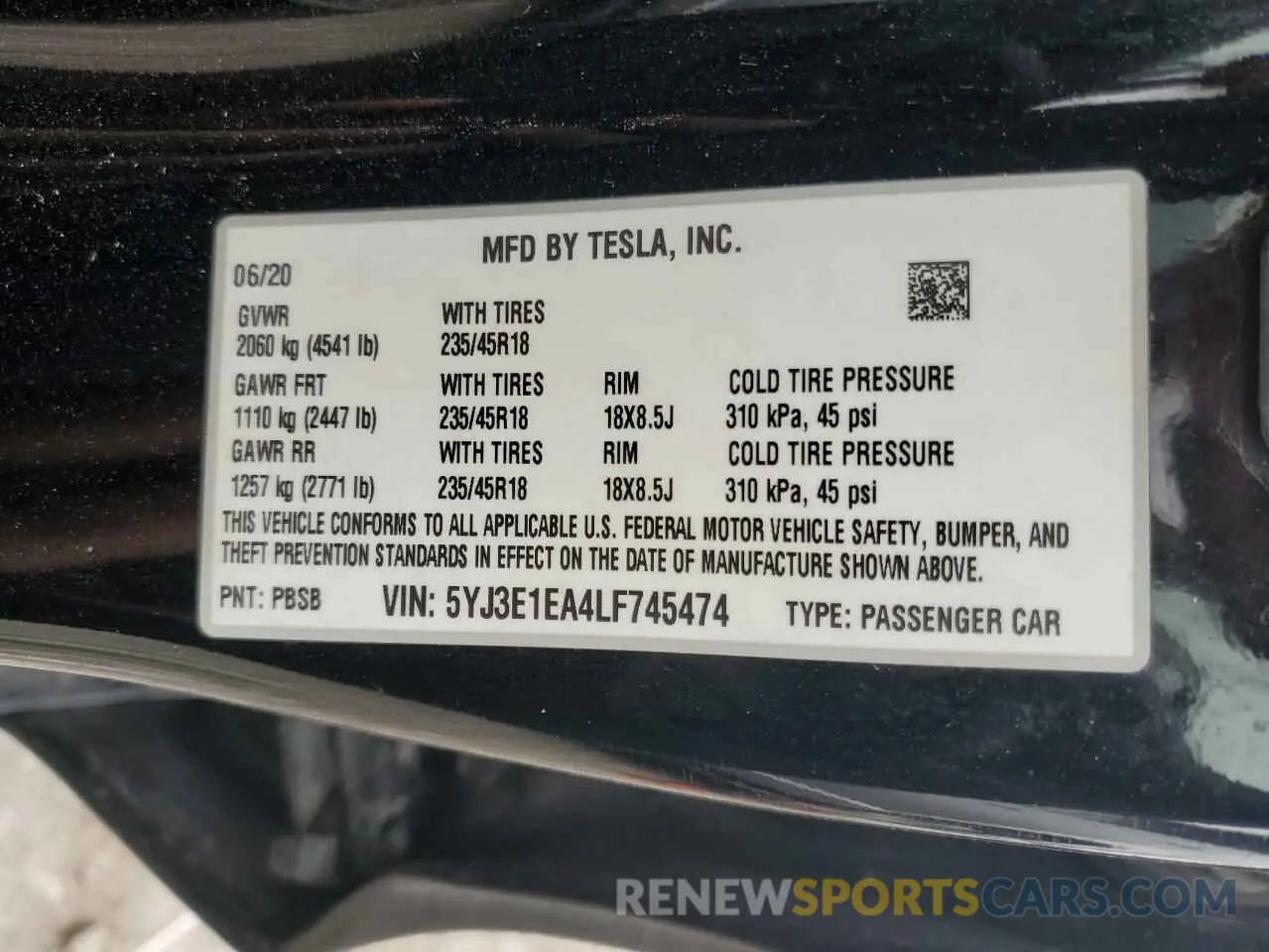 12 Photograph of a damaged car 5YJ3E1EA4LF745474 TESLA MODEL 3 2020