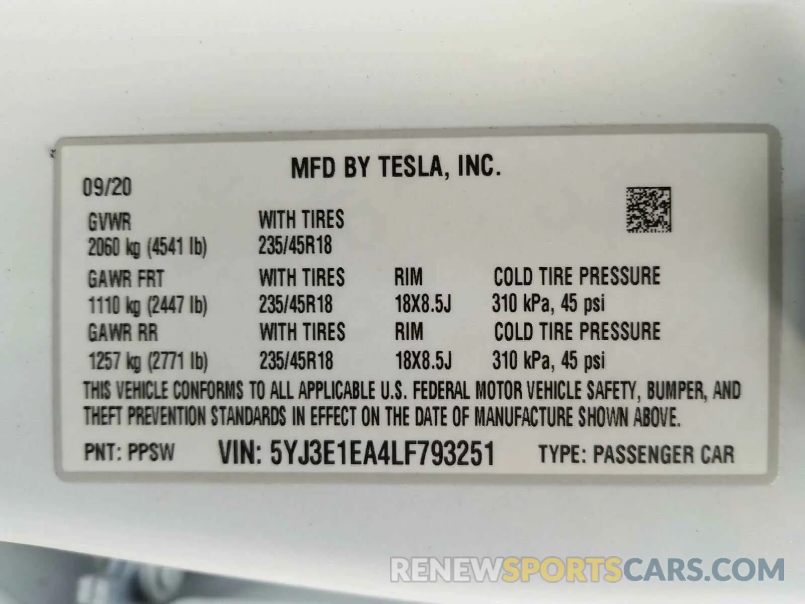 10 Photograph of a damaged car 5YJ3E1EA4LF793251 TESLA MODEL 3 2020