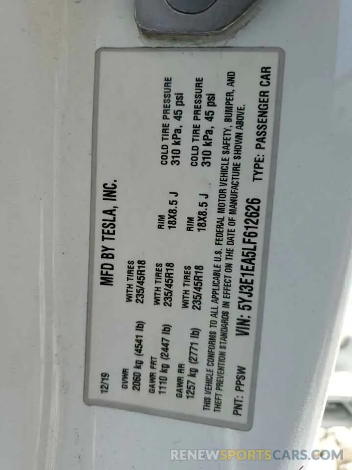 13 Фотография поврежденного автомобиля 5YJ3E1EA5LF612626 TESLA MODEL 3 2020