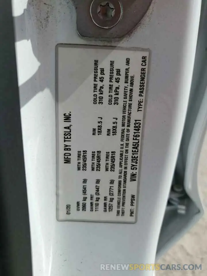 14 Фотография поврежденного автомобиля 5YJ3E1EA5LF614831 TESLA MODEL 3 2020