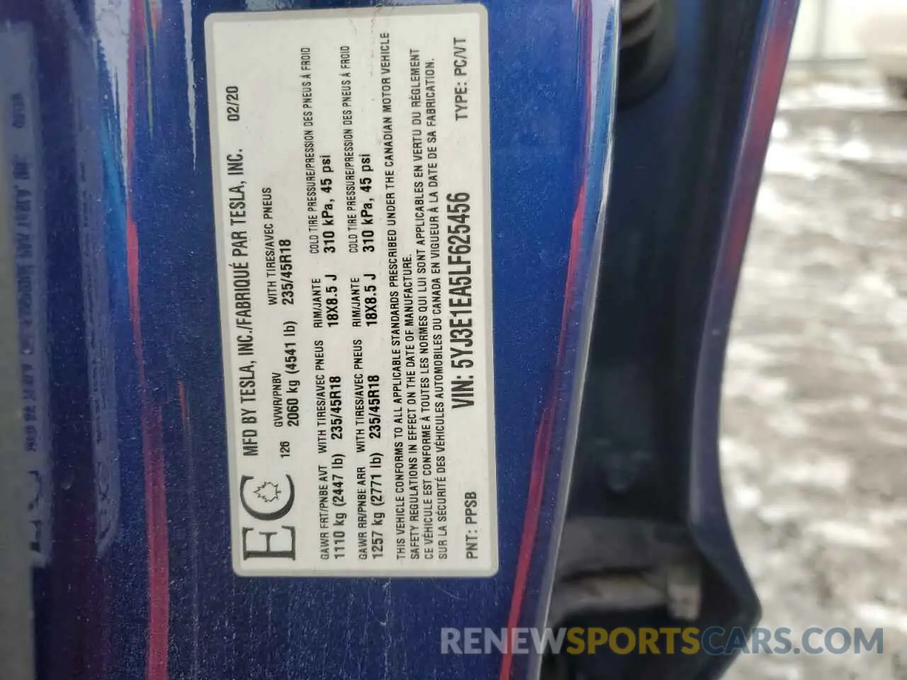 12 Photograph of a damaged car 5YJ3E1EA5LF625456 TESLA MODEL 3 2020