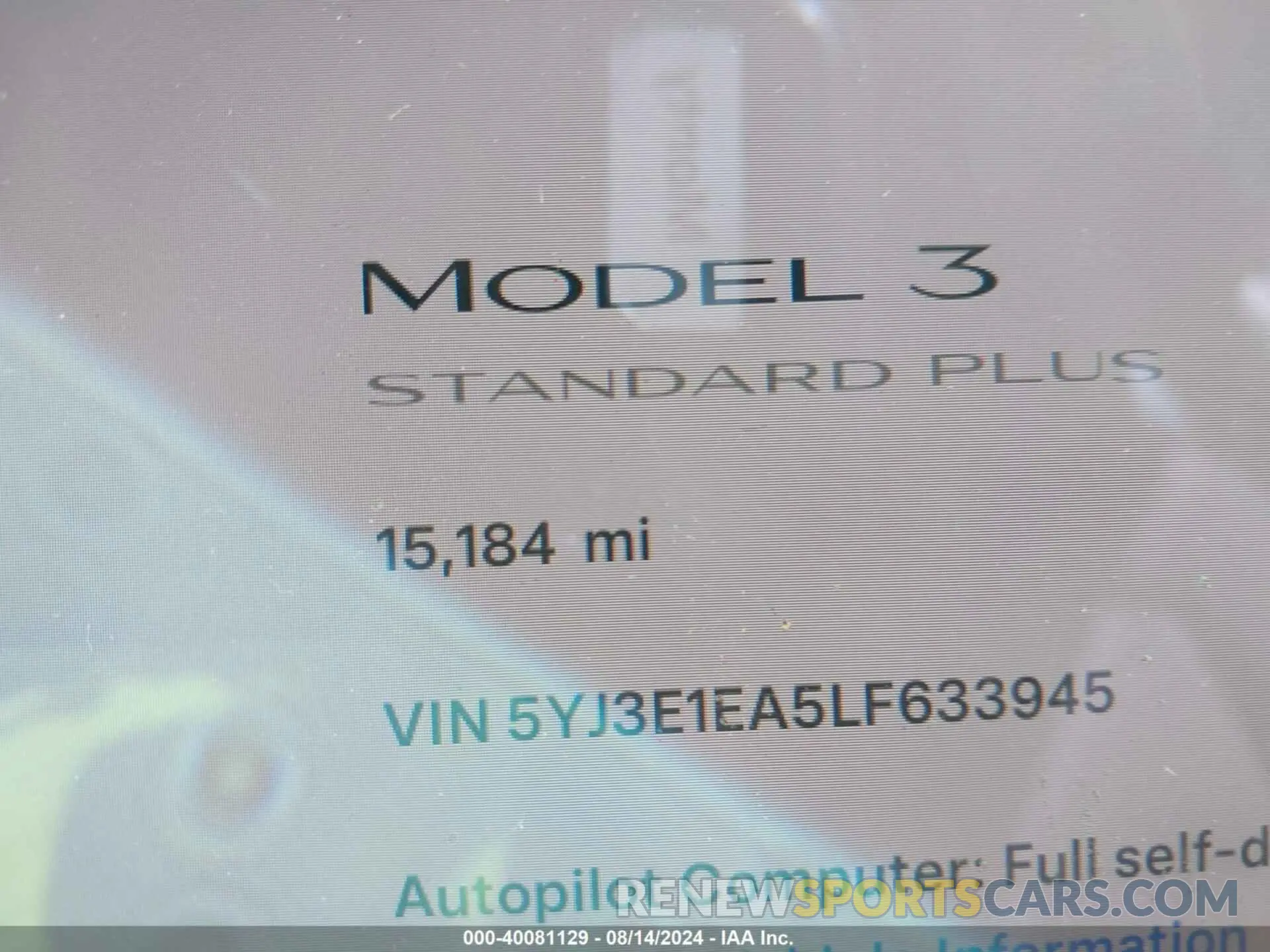 15 Photograph of a damaged car 5YJ3E1EA5LF633945 TESLA MODEL 3 2020