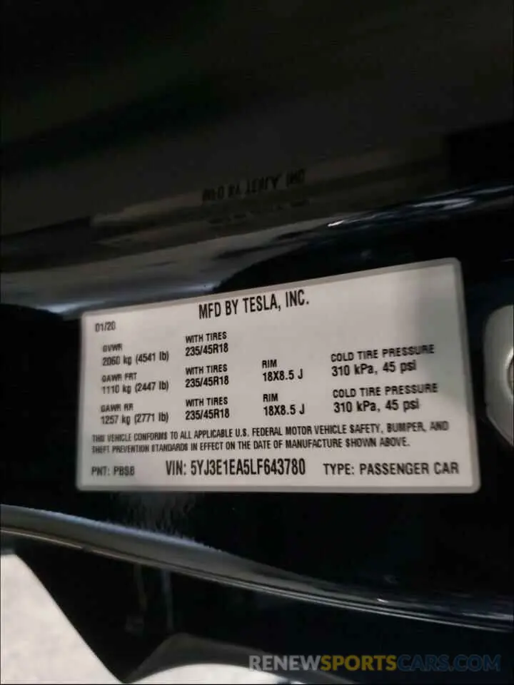 10 Photograph of a damaged car 5YJ3E1EA5LF643780 TESLA MODEL 3 2020