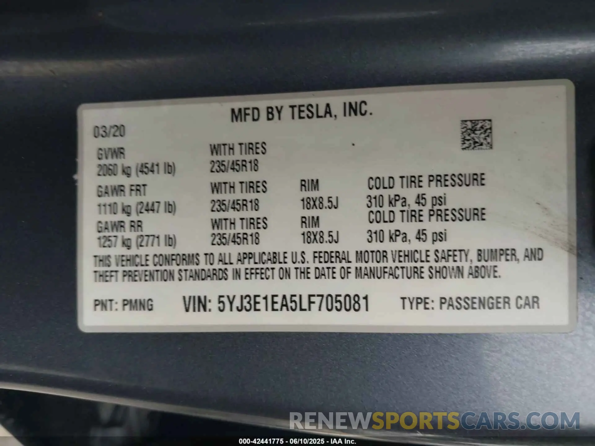 9 Фотография поврежденного автомобиля 5YJ3E1EA5LF705081 TESLA MODEL 3 2020