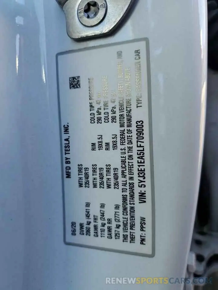 12 Photograph of a damaged car 5YJ3E1EA5LF709003 TESLA MODEL 3 2020