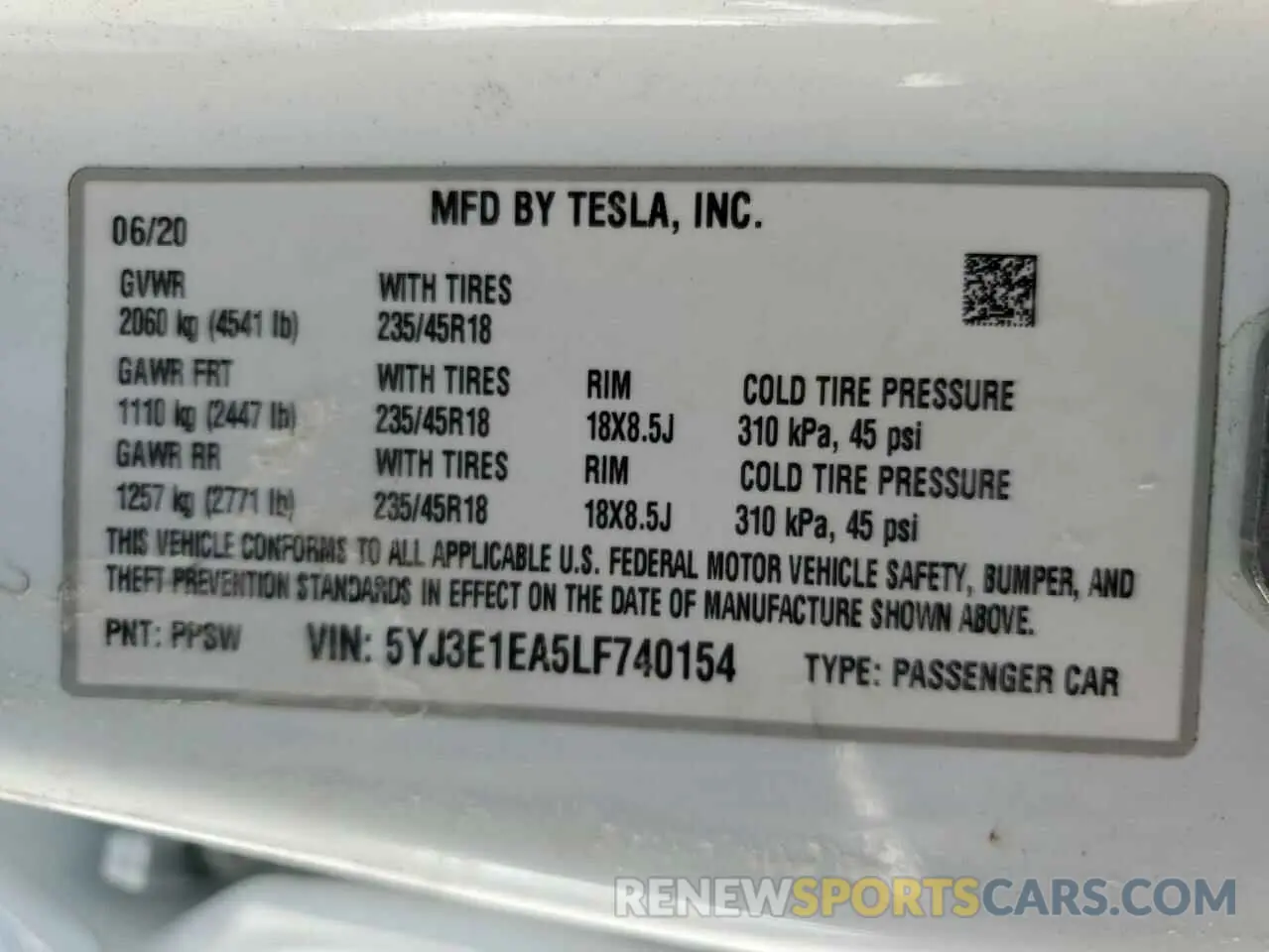12 Фотография поврежденного автомобиля 5YJ3E1EA5LF740154 TESLA MODEL 3 2020