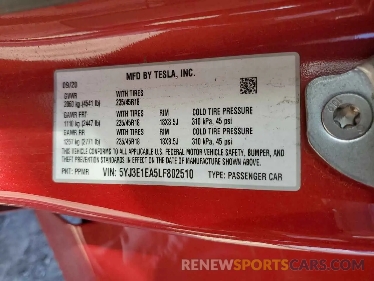 14 Photograph of a damaged car 5YJ3E1EA5LF802510 TESLA MODEL 3 2020