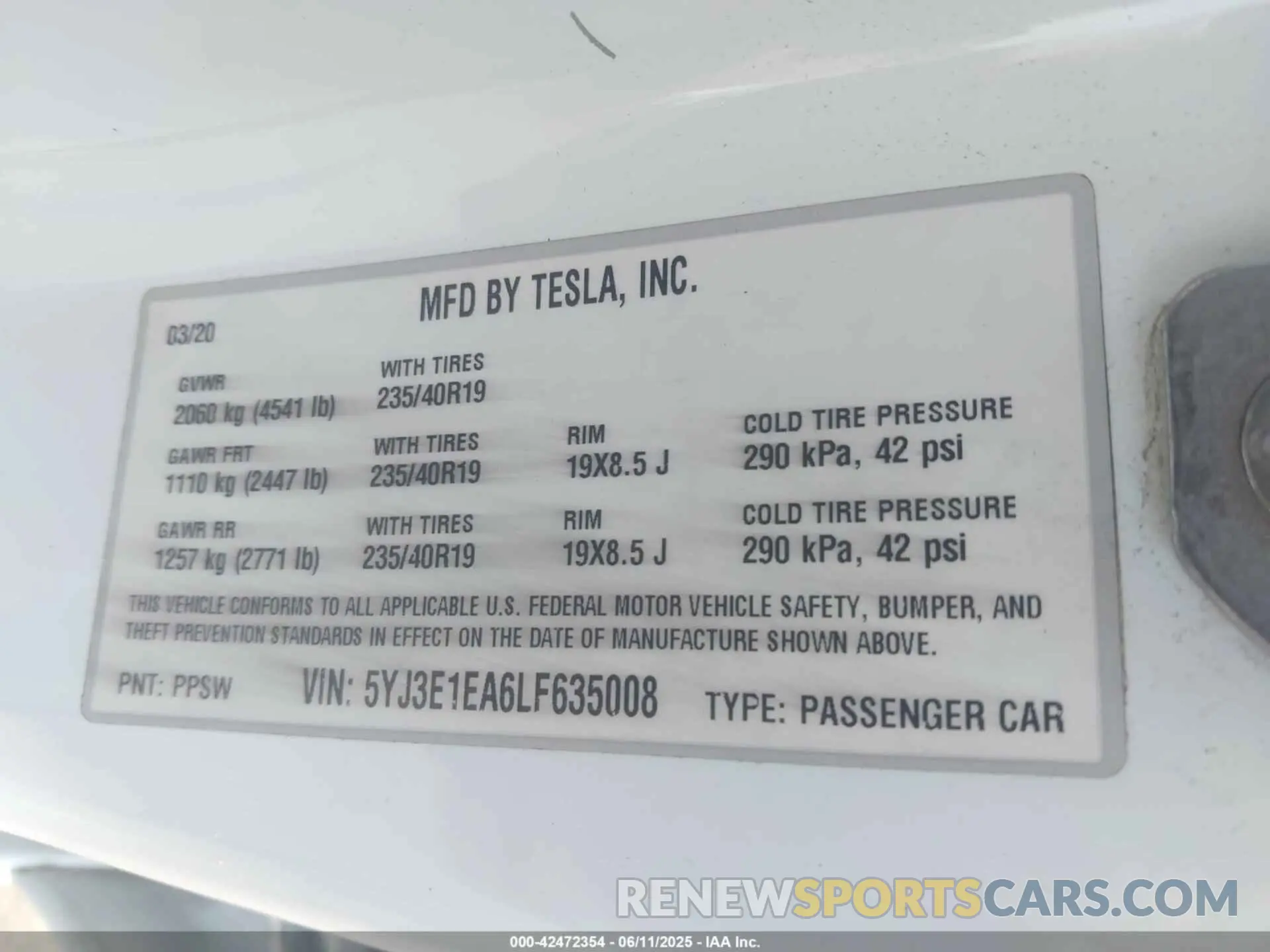 9 Фотография поврежденного автомобиля 5YJ3E1EA6LF635008 TESLA MODEL 3 2020