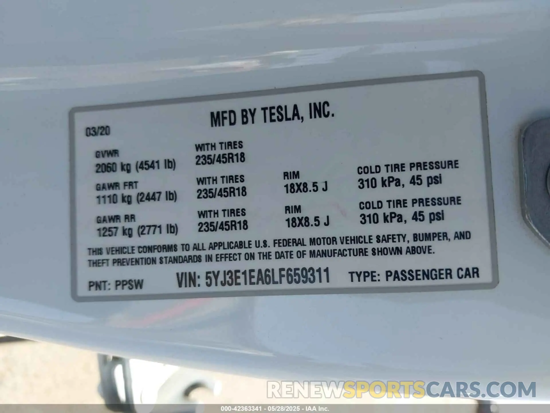9 Фотография поврежденного автомобиля 5YJ3E1EA6LF659311 TESLA MODEL 3 2020