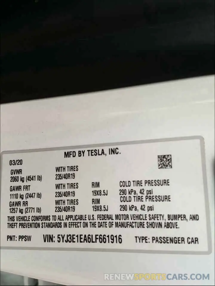 10 Photograph of a damaged car 5YJ3E1EA6LF661916 TESLA MODEL 3 2020