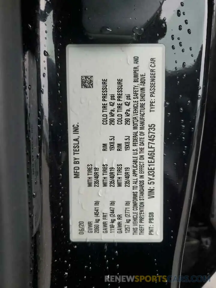 12 Фотография поврежденного автомобиля 5YJ3E1EA6LF745735 TESLA MODEL 3 2020