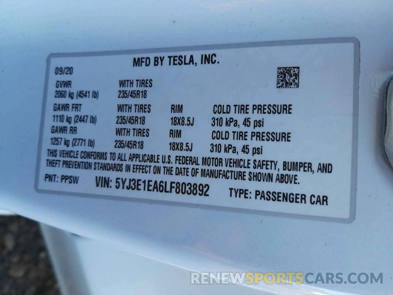 10 Photograph of a damaged car 5YJ3E1EA6LF803892 TESLA MODEL 3 2020
