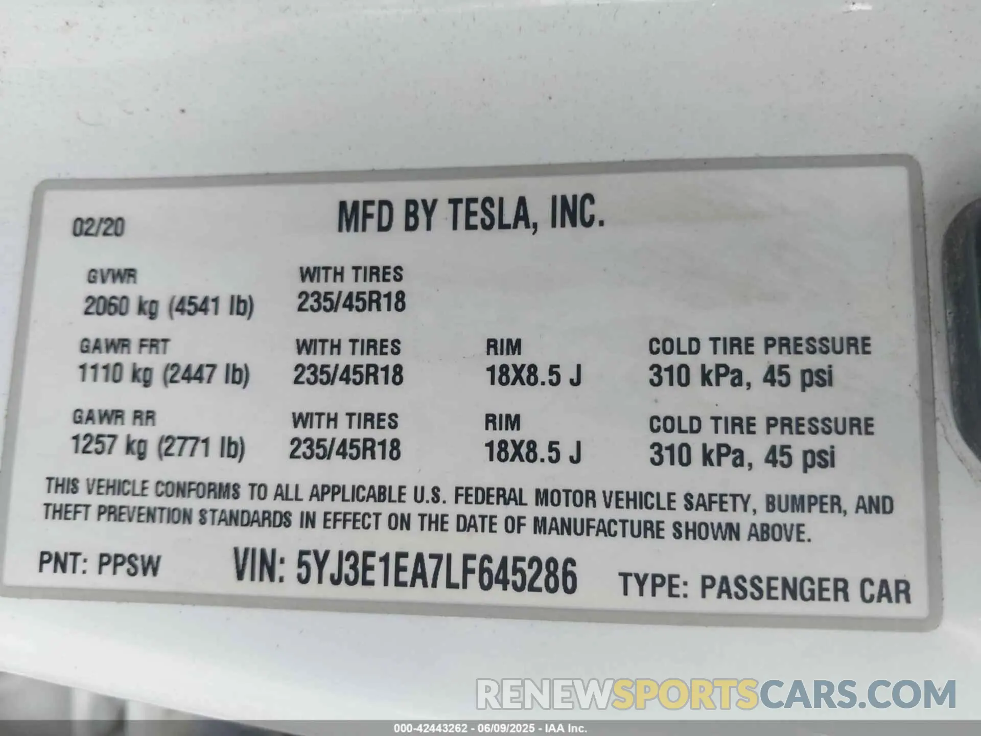 9 Фотография поврежденного автомобиля 5YJ3E1EA7LF645286 TESLA MODEL 3 2020