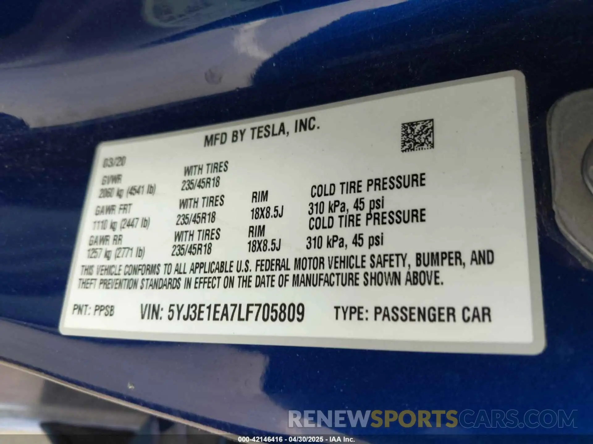 9 Photograph of a damaged car 5YJ3E1EA7LF705809 TESLA MODEL 3 2020