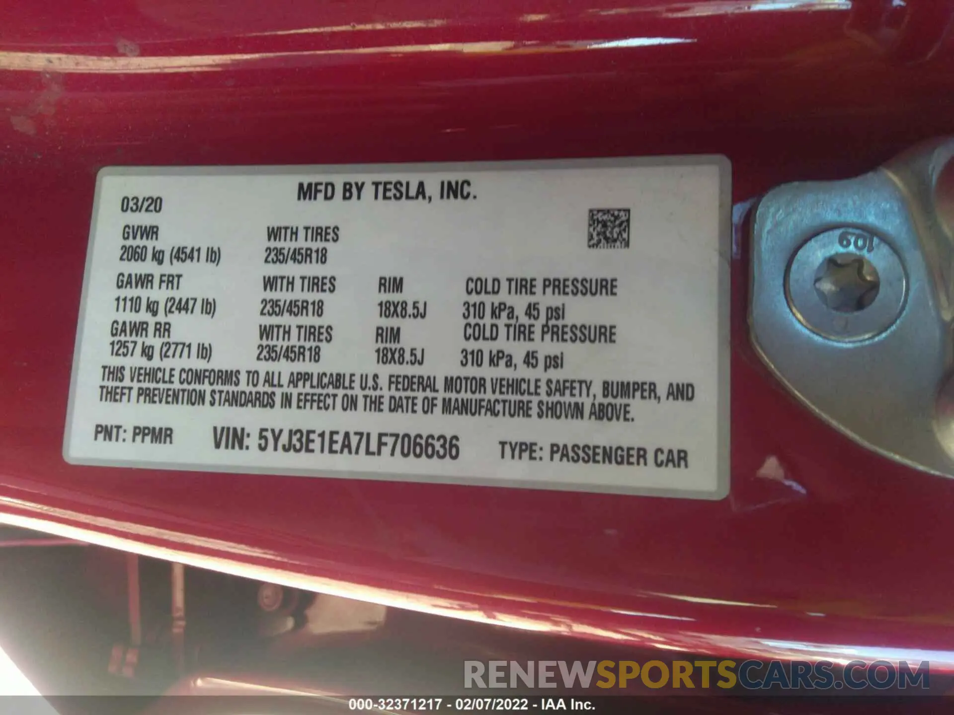9 Photograph of a damaged car 5YJ3E1EA7LF706636 TESLA MODEL 3 2020